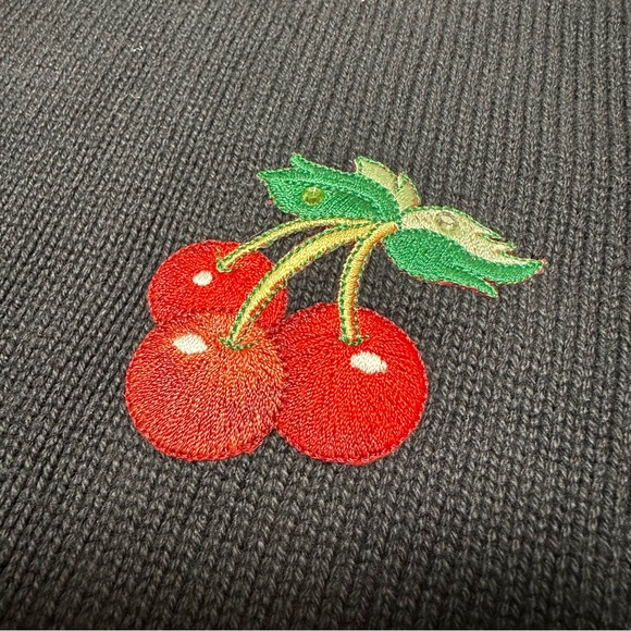 Vintage Tia Designs Black Cardigan Embroidered Cherry Patches, Large - Picture 2 of 7